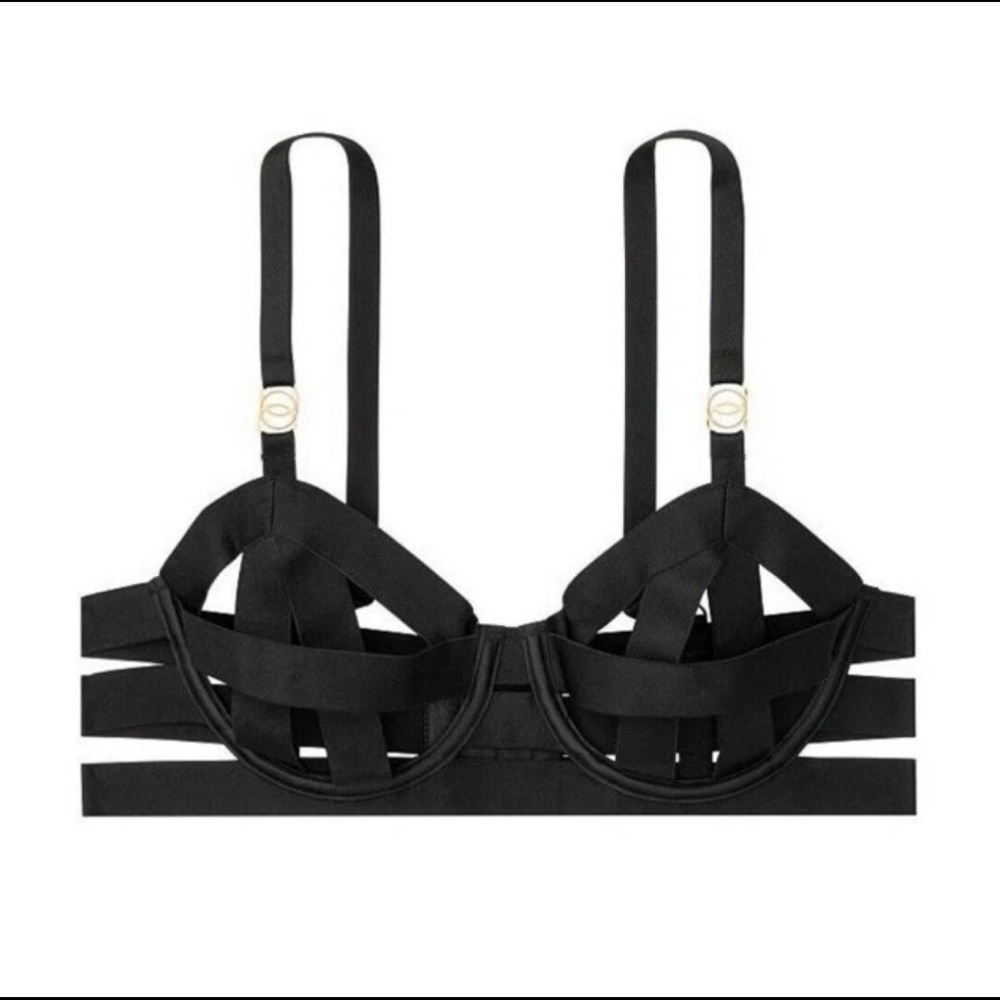 New VICTORIAS SECRET Black Bra Luxe Unlined Balconette Strappy Banded Caged 38DD - Picture 2 of 3